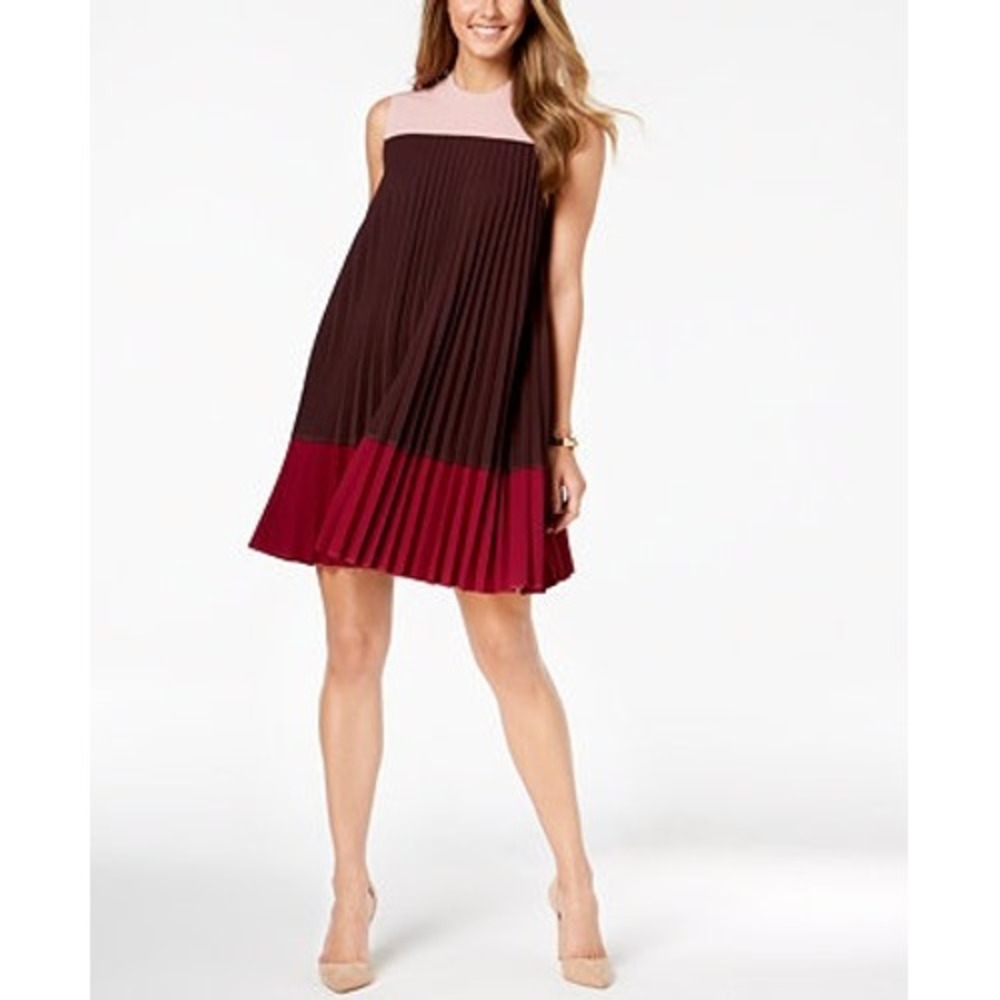 Alfani Womens Pleated Colorblock Trapeze Dress New Wine Pink Mock Neck 10 NWT‎ - Picture 9 of 11